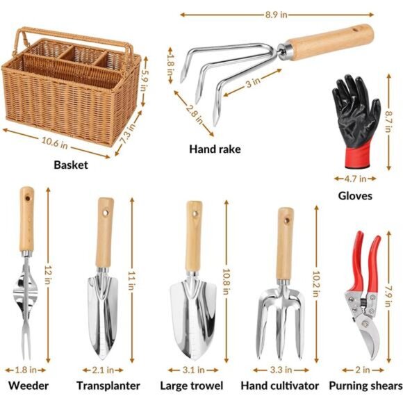 Garden Tools Set with Basket, Heavy Duty Stainless Steel Gardening Hand Tool - Picture 2 of 7